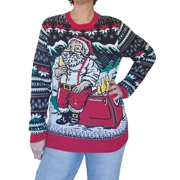 The Ugly Sweater Co Ugly Christmas Sweater Santa Drinking Beer Men's Size Medium - Picture 2 of 10